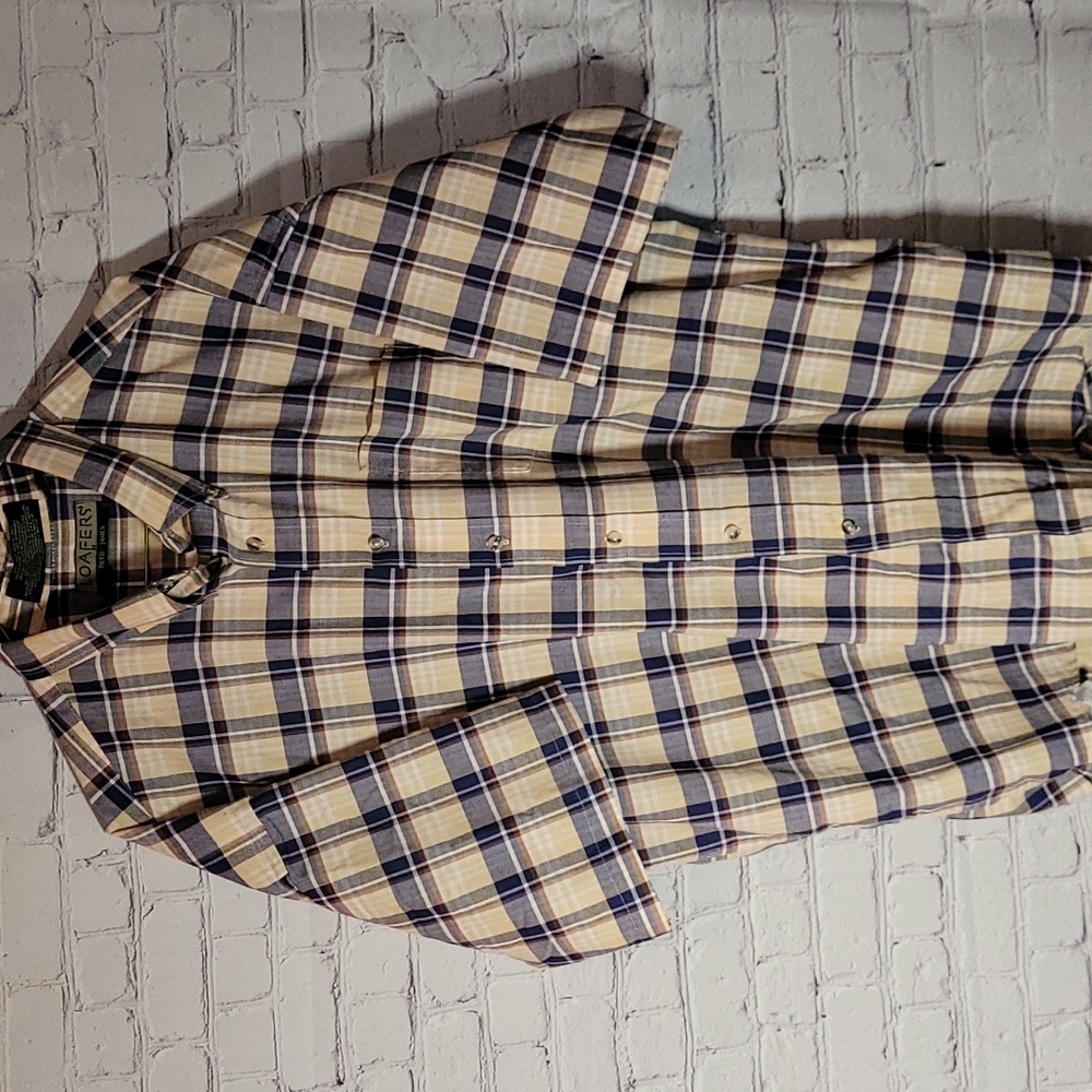 Men's LOAFERS Size XL blue tan plaid Shirt button down wrinkle resistant - Picture 1 of 5